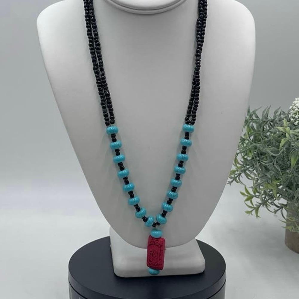 Blue Turquoise Beads‎ and Red Cinnabar Pendant Necklace